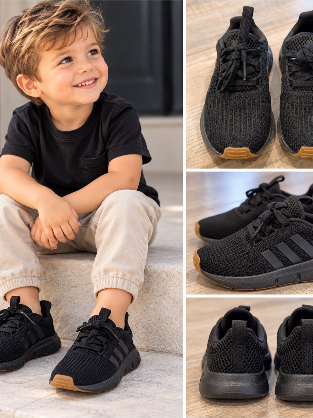 Kids Black Adidas Athletic Sneakers with Gum Sole - (Brand: Adidas)